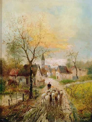 Eine Schäferin führt ihre Herde ins Dorf